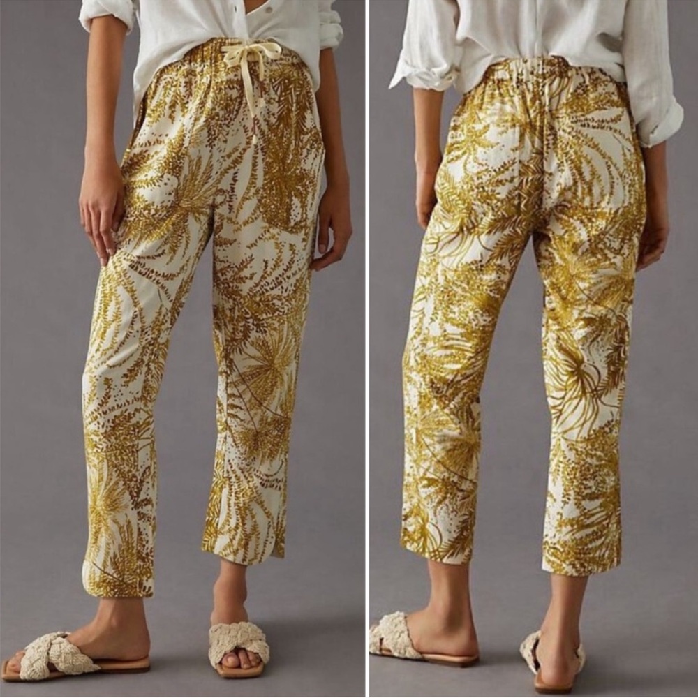 Anthropologie White & Mustard Botanical Cropped Pants
